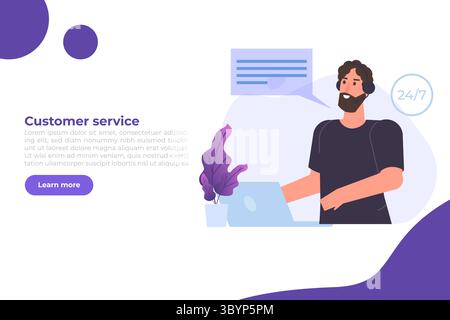 Call Center-Vorlage. Kundenservice, Hotline-Konzept. Büromitarbeiter mit Headsets, Telemarketing-Agenten. Vektorabbildung Stock Vektor