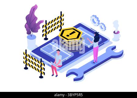 Entwicklung der Website, Website im Bau, demnächst Konzept. Wartungsarbeiten. Abbildung Des Flachen Isometrischen Vektors. Stock Vektor