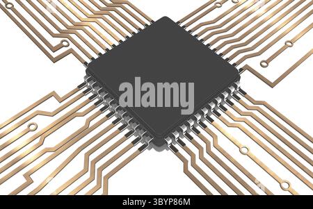 3D-Mikrochip, Prozessor auf Leiterplatte mit Leiterbahnen, isoliert Stockfoto
