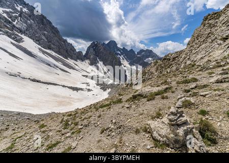 Panoramatour in Ehrwald über das Tajatorl zum Drachensee, Coburger Hütte und Seebensee in der Tiroler Zugspitz Arena Stockfoto