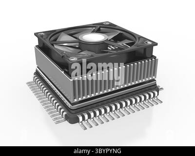 3D-Mikrochip, Prozessor, CPU mit Lüfter und Kühlung, isoliert Stockfoto