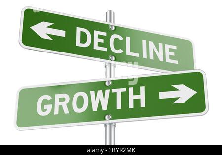Grüne Richtungspfeile, Straßenschilder, Verfall und Wachstum. 3D-Rendering isoliert auf weißem Hintergrund Stockfoto