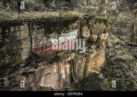 Alte gesprengte Überreste von einigen Bunkern der Siegfried Line entlang der Grenze, unterirdische Festungen, Luftabwehrpositionen und Luftschutzkeller Stockfoto