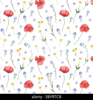 Aquarell handgemalte rote Mohnblumen, Vergissmeinnots und Buttercups. Nahtloses Muster mit wilden Blumen auf weißem Hintergrund. Für Gruß- und Einladungskarten, Verpackung, Branding, Textil. Stockfoto