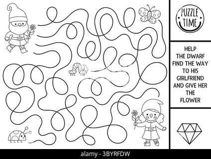 Schwarzes und weißes Zwerglabyrinth für Kinder mit Elfe, Schmetterling, Marienkäfer. Übung zum Ausdrucken von Märchen. Waldlabyrinth Spiel, Puzzle, Ausmalseite. Hilfe g Stock Vektor