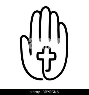 Menschliche Hand mit christlichem Kreuz, handgezeichnetem Logo im Doodle-Stil. Glaube, Spiritualität, Anbetung. Illustration eines einzeiligen Vektors, Designelement. Stock Vektor