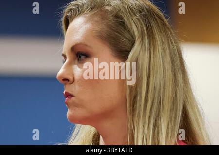 12. Februar 2024, Atlanta, GA, Vereinigte Staaten: Atlanta (Vereinigte Staaten), 12.02.2024.- Ashleigh Merchant, Rechtsanwalt von Michael Roman, reagiert während einer Gerichtsverhandlung im Zusammenhang mit dem Wahlinterventionsfall Georgia in Atlanta, Georgia, USA, 12. Februar 2024. Achtzehn Personen, darunter der ehemalige Präsident Donald J. Trump, wurden in einem weitreichenden kriminellen Verschwörungsfall angeklagt, um das Ergebnis der Präsidentschaftswahlen 2020 in Georgien aufzuheben. (Kreditbild: © Alyssa Pointer/POOL via ZUMA Press Wire) Stockfoto