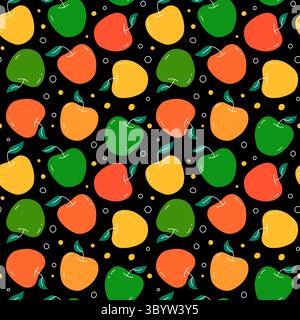 Apple-Muster. Nahtloser schwarzer Vektor-Hintergrund mit flachen bunten Äpfeln. Wiederkehrendes Sommerdesign, Grafikdruck mit schlichten Früchten Stock Vektor