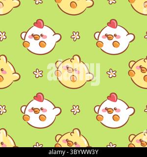 Ein bezauberndes, nahtloses Muster mit Kawaii-Küken. Das Design zeigt leuchtende Farben und niedliche Ausdrucksformen, was es perfekt für Kinderprodukte macht Stock Vektor