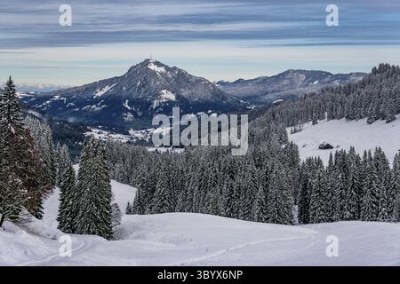 Anspruchsvolle Schneeschuhtour zum Tennenmooskopf auf der Nagelfluhkette in den Allgauer Alpen Stockfoto