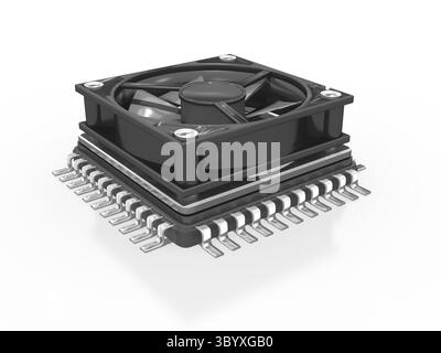 3D-Mikrochip, Prozessor, CPU mit Lüfter, isoliert Stockfoto