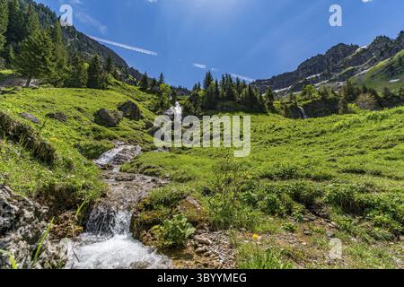 Bergtour über die Brunnenauscharte zum Hochgrat auf der Nagelfluhkette im Allgau Stockfoto