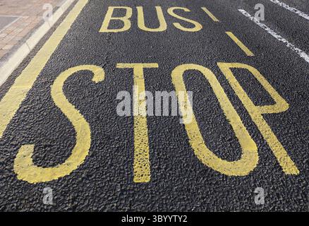 Bushalteschild auf Asphaltstraße gemalt Stockfoto