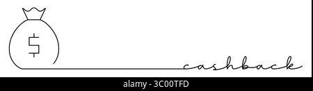 Einzeiliges Cashback-Symbol mit Titel. Sack voller Geld, Preis. Zeichnungsstil für durchgehende Linien. Fußzeile, Kopfzeile. Vektorillustration isoliert auf weißem Hintergrund Stock Vektor