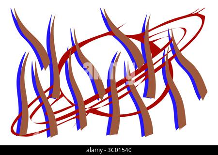 Dynamische abstrakte Illustration mit Saturn-ähnlichen welligen Strängen in Braun und Blau, vertikal auf weißem Hintergrund. Eine rote Drehschlaufe oben rechts Stock Vektor