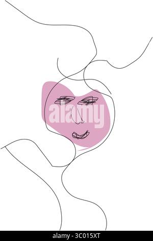 Stilvolle, minimalistische Linienkunst eines modernen weiblichen Gesichts in liegender Pose mit einem violetten Hintergrund, der einer Decke oder einem Tuch ähnelt. Perfekt für Branding, Stock Vektor