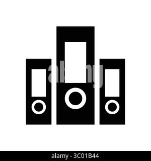 Minimalistisches Schwarz-weiß-Symbol für drei vertikale Büroringordner, die Organisation, Papierkram oder Dokumentaufbewahrung symbolisieren. Stock Vektor