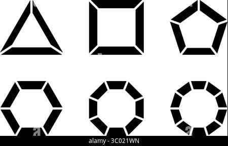 Grundlegende geometrische Rahmen, unterteilt in gleiche Segmente, isoliert auf weißem Hintergrund. Dreieck-, Quadrat- und pentagon-, Sechseck-, Achteck- und Dekagonformen in Brüchen geschnitten. Vektorgrafik. Stock Vektor
