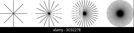Sammlung gerader radialer Linien. Set von Sonnenstrahlen-Symbolen auf weißem Hintergrund. Symbole für Strahlkraft, Explosion oder Feuerwerk. Sonnenlicht, Sonnenschein oder Sonnenstrahlen. Vektorgrafik. Stock Vektor