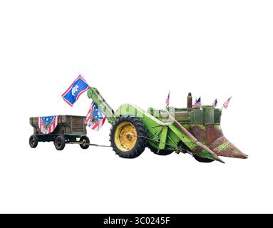 Eine antike Landausrüstung zeigt einen Maiserntemaschine mit Ladewagen, der in einer Parade gezeigt und gefahren wird. Es ist mit USA & Wyoming Flaggen dekoriert. Stockfoto