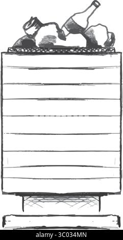 Dies ist eine einzigartige und kreative Illustration, die einen Mülleimer zeigt, der mit verschiedenen Flaschen und Dosen überfüllt ist. Handgezeichnete Vektorillustration in Schwarzweiß-Grafiken. Stock Vektor