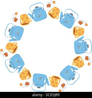 Ein gemütlicher Herbstrahmen mit einem Teekessel, einer Tasse Tee und Teebeuteln, perfekt für Herbstmotive und saisonale Projekte Stock Vektor