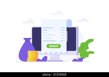 Online-Zakat-Zahlungskonzept, Zakat mit einem Desktop-Konzept bezahlen. Zeichentrick flache Vektor-Illustration für Banner, Website, Landingpage, Flyer. Stock Vektor