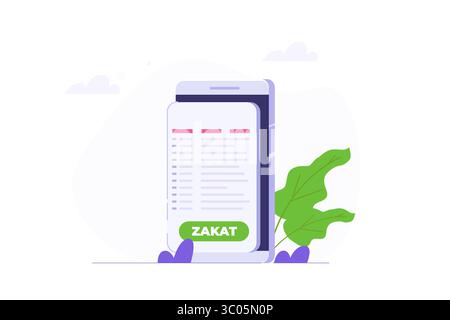 Online-Zakat-Zahlungskonzept, Zakat mit einem Smartphone-Konzept bezahlen. Zeichentrick flache Vektor-Illustration für Banner, Website, Landingpage, Flyer. Stock Vektor
