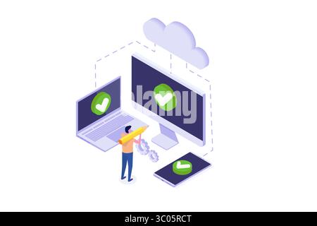SaaS-Technologie, Software as a Service Isometrisches Konzept. Vektorabbildung. Stock Vektor