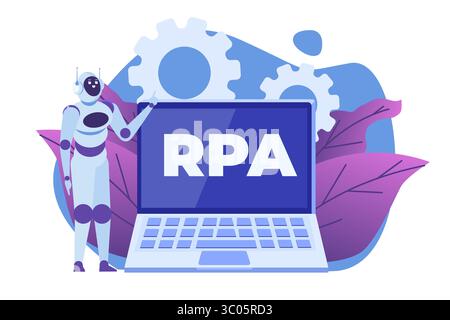 Robotic Process Automation Concept, RPA. Roboter- oder Chatboter helfen Menschen bei verschiedenen Aufgaben. Vektorabbildung. Stock Vektor