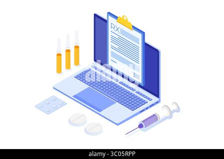 Rezeptionsformular auf dem Clipboard-Pad auf dem Laptop. Online-Klinikkonzept. Isometrische Vektordarstellung in abgewickelter Form. Stock Vektor