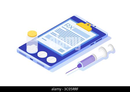 REZEPTIONSFORMULAR auf dem Clipboard-Pad auf dem Smartphone. Online-Klinikkonzept. Isometrische Vektordarstellung in abgewickelter Form. Stock Vektor