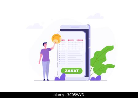 Online-Zakat-Zahlungskonzept, Zakat mit einem Smartphone-Konzept bezahlen. Zeichentrick flache Vektor-Illustration für Banner, Website, Landingpage, Flyer. Stock Vektor