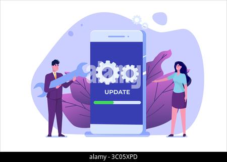 Smartphone System Update Flat-Design-Konzept. Vektorabbildung Stock Vektor