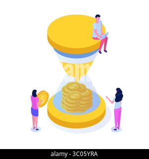 Zeit ist Geld. Zeit- und Kosteneinsparungen, Budgetverwaltung. Isometrische Vektordarstellung. Stock Vektor