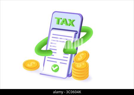 3D-Steuerzahlung mit Mobiltelefon. Realistische 3D-Vektordarstellung. Stock Vektor