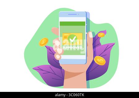 Transaktion genehmigt, Finanztransaktionen, bargeldlose Zahlung, Geldwährung, NFC-Konzept für Zahlung. Vektorabbildung. Stock Vektor