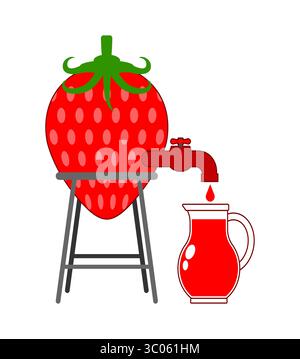 Große Erdbeere mit einem Wasserhahn auf einem Ständer, der leuchtend roten Saft in einen Glaskrug gibt. Spielerische konzeptionelle Illustration, die Früchte und mischt Stock Vektor