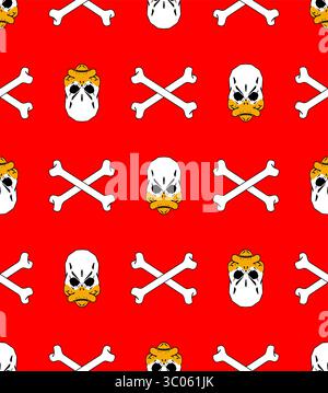 Nahtloses, sich wiederholendes Muster mit Entenschädeln mit Sonnenbrille und gekreuzten Knochen auf lebendigem rotem Hintergrund. Kühn, chaotisch und lustig – perfekt für scharfe ap Stock Vektor