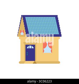 Haus mit Solarpaneelen und Fenstern, das nachhaltiges Wohnen, Ökotechnologie und Wohninnovationen repräsentiert. Stock Vektor