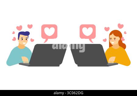 Liebevolles Paar, das mit Laptops sitzt und über Technologie verbunden ist. Symbol für Online-Dating, Fernbeziehungen und digitale Zuneigung im M Stock Vektor