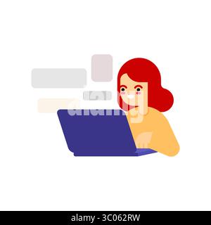 Frau mit rotem Haar liest Nachrichten auf einem Laptop. Konzept der Kommunikation, Social Media, Online-Chats oder Remote-Arbeit. Moderner digitaler Lifestyle und Stock Vektor