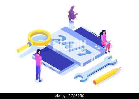 Support oder Call Center 24/7 Konzept. Design-Vorlagen für Webseiten oder Banner. 24 Stunden offener Kundenservice. Vektorabbildung Isometrisch. Stock Vektor