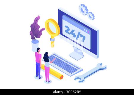 Support oder Call Center 24/7 Konzept. Design-Vorlagen für Webseiten oder Banner. 24 Stunden offener Kundenservice. Vektorabbildung Isometrisch. Stock Vektor