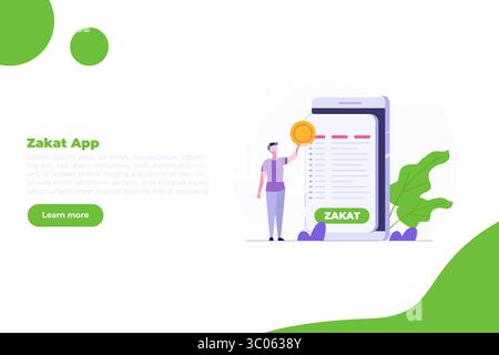 Online-Zakat-Zahlungskonzept, Zakat mit einem Smartphone-Konzept bezahlen. Zeichentrick flache Vektor-Illustration für Banner, Website, Landingpage, Flyer. Stock Vektor