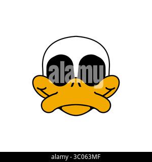 Entenschädel mit übergroßen schwarzen Augen im Cartoon-Stil. Einfacher und surrealer Ausdruck, der Humor mit Unbehagen verbindet – irgendwo zwischen süß und Eeri Stock Vektor