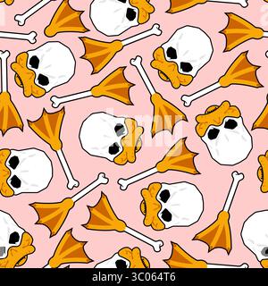 Nahtlos wiederkehrendes Muster mit Entenschädeln mit Sonnenbrille, Megaphonen und Knochen auf rosa Hintergrund. Lustig, chaotisch und verspielt – Perf Stock Vektor