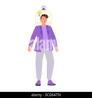 Einschränkung des Denkens, Gehirn im Gefängnis, Verstand verschlossen für neue Ideen Konzept. Flache Vektorabbildungen für Banner, Website, Landing-Page, Flyer. Stock Vektor