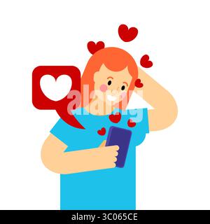 Die Frau lächelt, während sie auf ihr Handy blickt, umgeben von Herzen und wie Ikonen. Steht für Engagement in sozialen Medien, „gefällt mir“, „Aufmerksamkeit“ oder „Online-Dating“. Stock Vektor