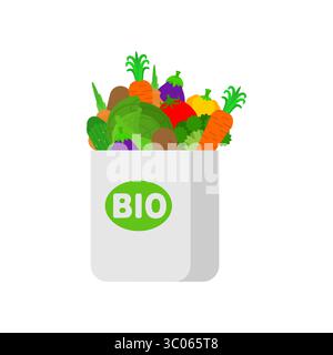 Papiertüte voller bunter Bio-Obst und Gemüse mit grünem BIO-Etikett. Symbol für ökologischen Lebensstil, gesunde Ernährung und nachhaltige Nahrungsmittelauswahl Stock Vektor